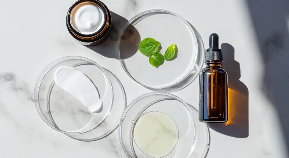 Skincare Wirkstoffe auf Marmorhintergrund