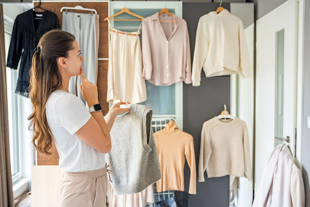 Nachhaltiger Kasten: Junge Frau steht vor einer Kleidungsauswahl