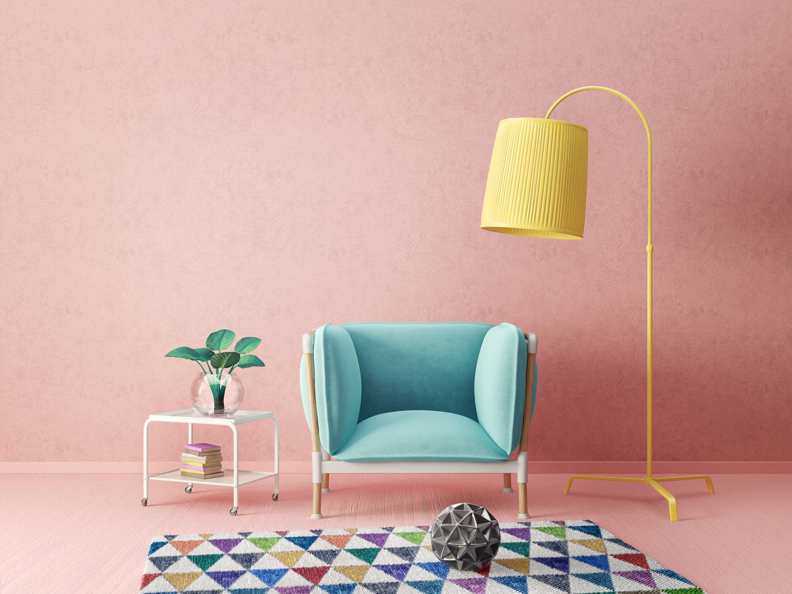 Modernes Wohnzimmer mit gelbem Sessel und Lampe. Skandinavische Einrichtungsmöbel.