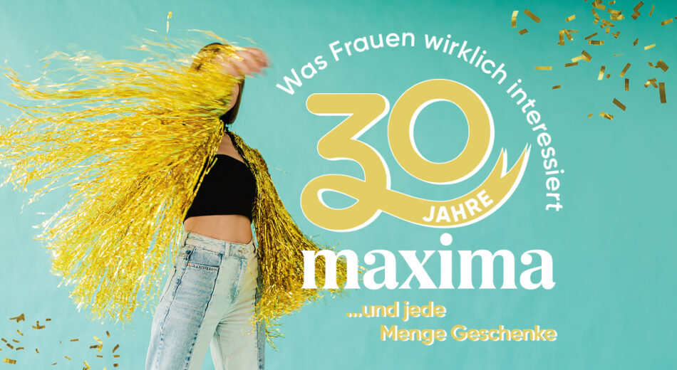 Frau mit Glitzerfransen, 30 Jahre maxima Logo