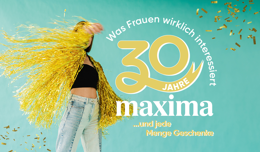 Frau mit Glitzerfransen, 30 Jahre maxima Logo