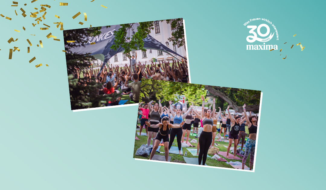 30 Jahre maxima Logo mit Yoga Junkies