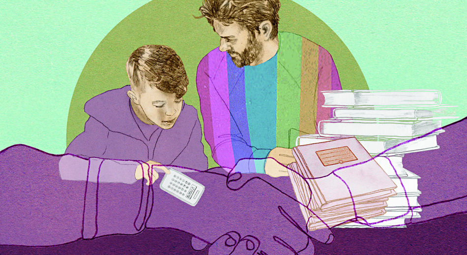 Illustration Mann und Junge beim Lernen