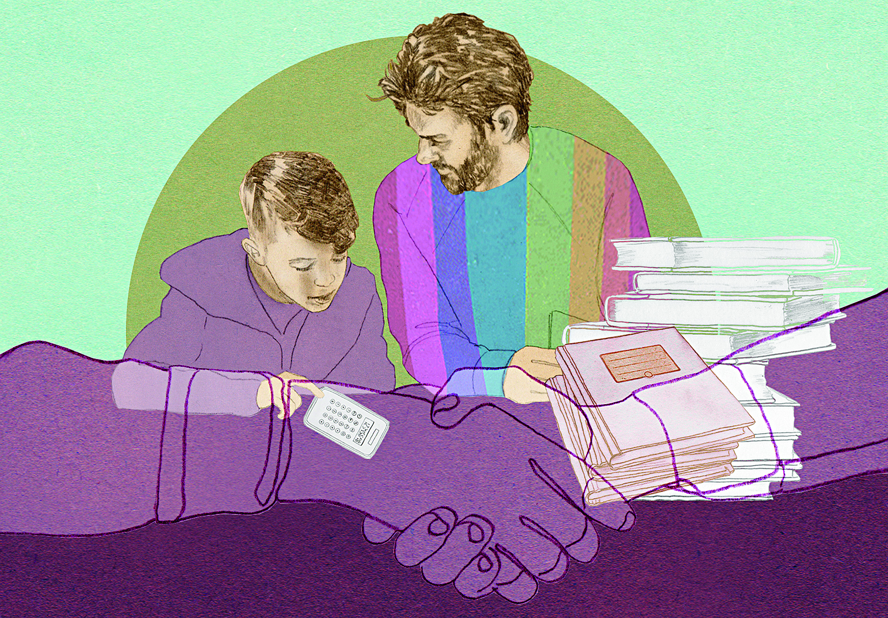 Illustration Mann und Junge beim Lernen