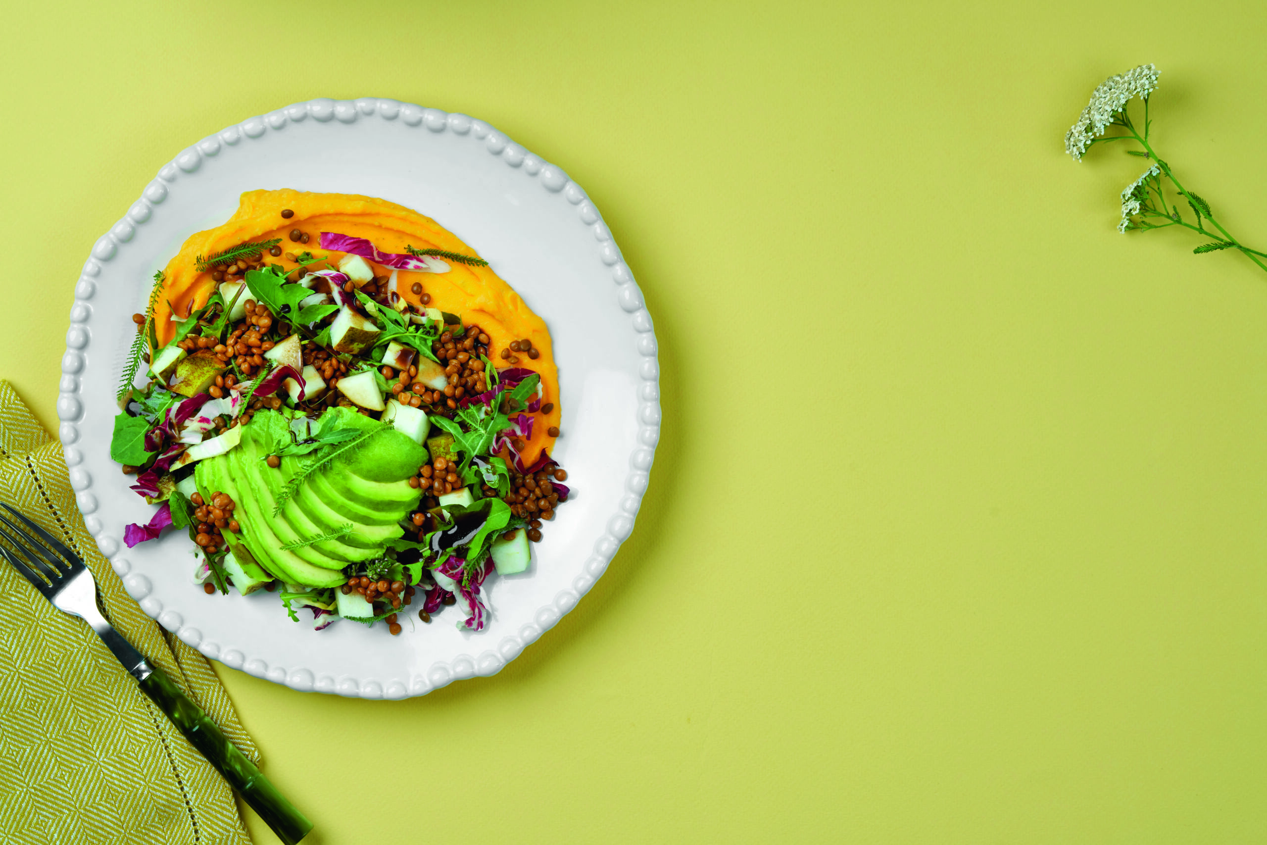 Feminine Food: Linsen-Kräuter-Salat auf pikanter Süßkartoffelcreme