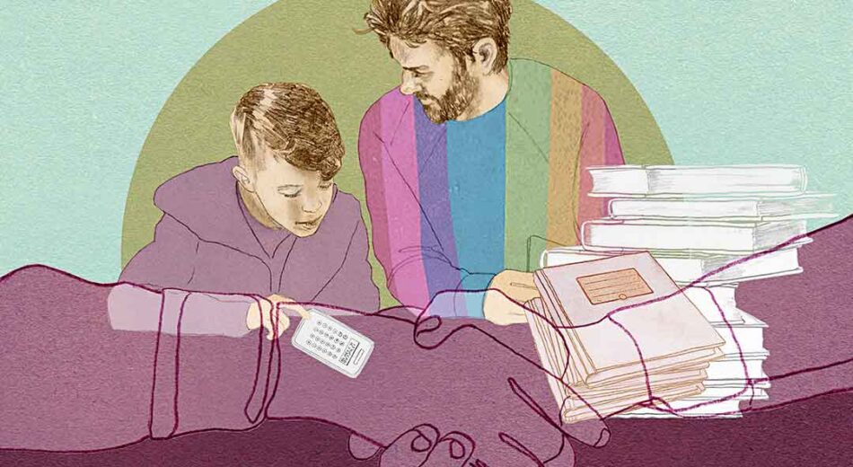 Illustration Mann und Junge beim Lernen