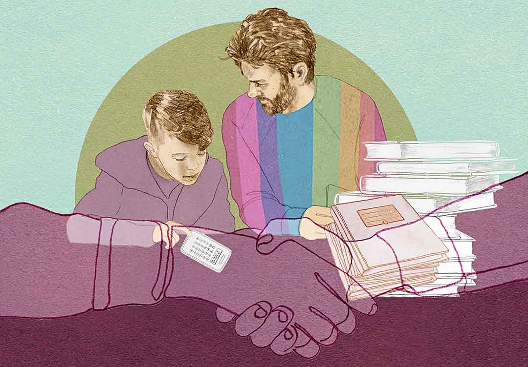 Illustration Mann und Junge beim Lernen